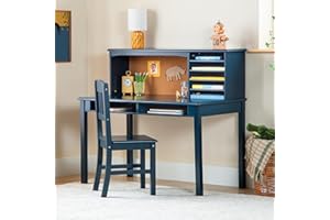 Guidecraft Kids Media Desk and Chair Set - Navy: Student's Workstation with Storage, Wooden Writing Table with Hutch and Shelves for Kids Bedroom, Boys Study Desk Set