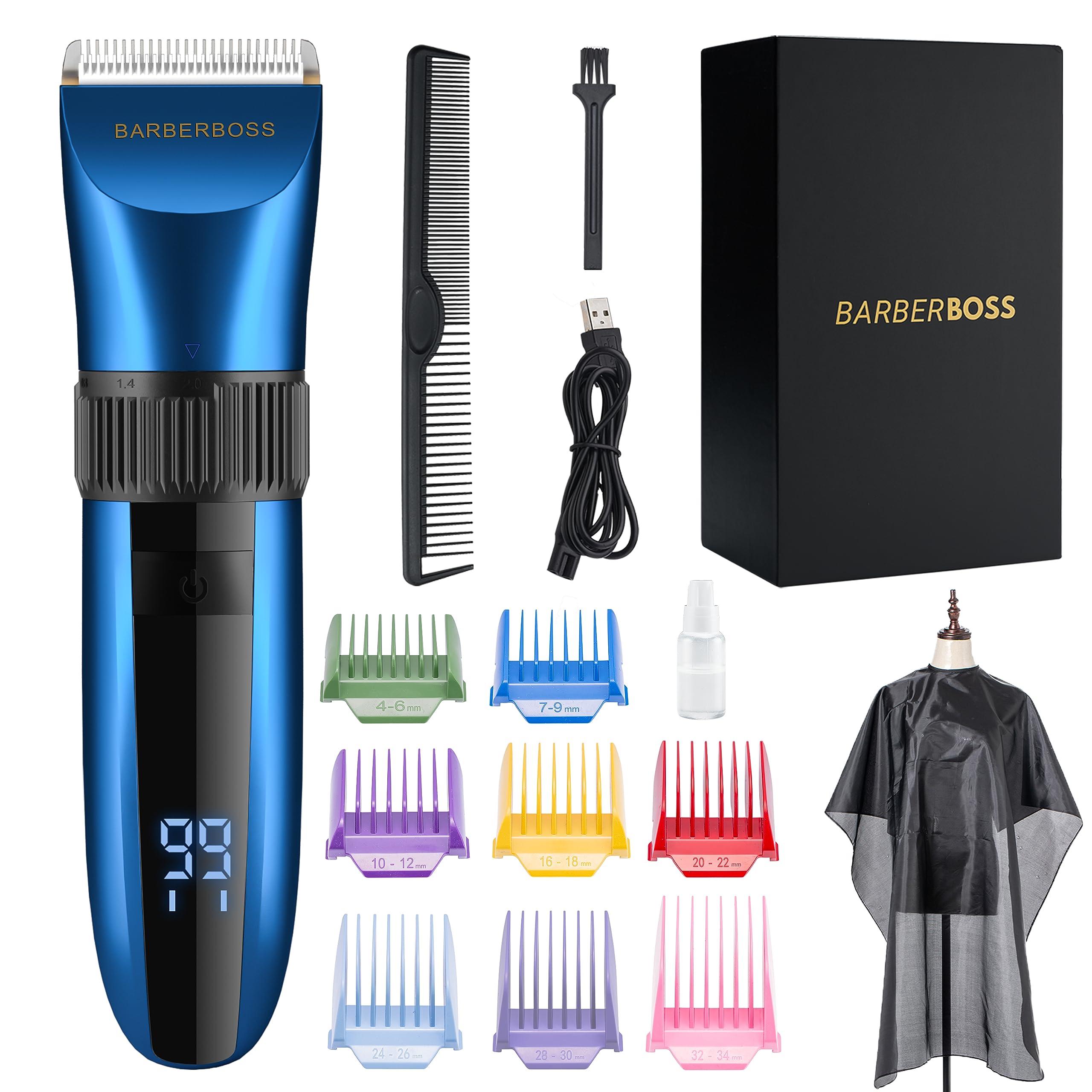 BarberBoss Cordless Self-Sharpening Beard & Hair Trimmer, Ceramic Blades, LED Display, Fast Charging, and 8 Color Comb Attachments QR-2082