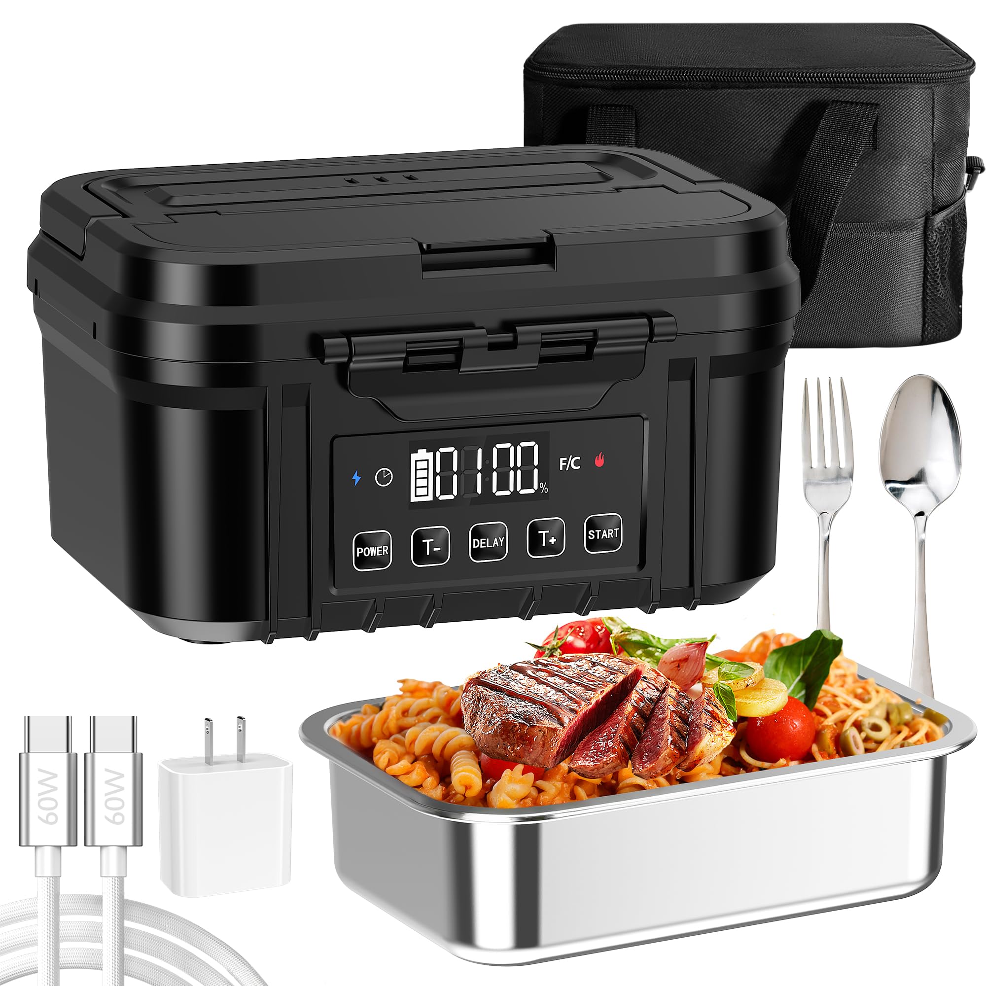 Photo 1 of FERVINOW Cordless Electric Lunch Box for Adults – Battery-Powered Heated Lunch Box with 1.2L Stainless Steel Container, Timer Function, and Leak-Proof Food Warmer for Work, Travel & Office