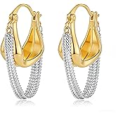 Two-Tone Tassel Chain Huggie Hoop Earrings for Women Mix Metal 18K Gold Plated Small Chunky Statement Earrings Gold Silver Dangle Drop Hip Hop Punk Hoop Earrings