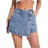 WDIRARA Women's High Waisted Button Front Denim Skort Asymmetrical Hem Skirt Shorts
