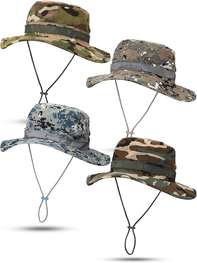 4 Pieces Wide Brim Camo Boonie Hat Fishing Hats Military Boonie Caps Foldable Sun