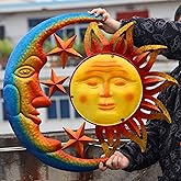 BVLFOOK Metal Larger Size 32 Inch Sun Outdoor Wall Art Decor with Moon & Stars,Hanging for Valentine Patio Garden Fence Deck Yard Pool Wall Sculpture Decoration for Living Room Bedroom