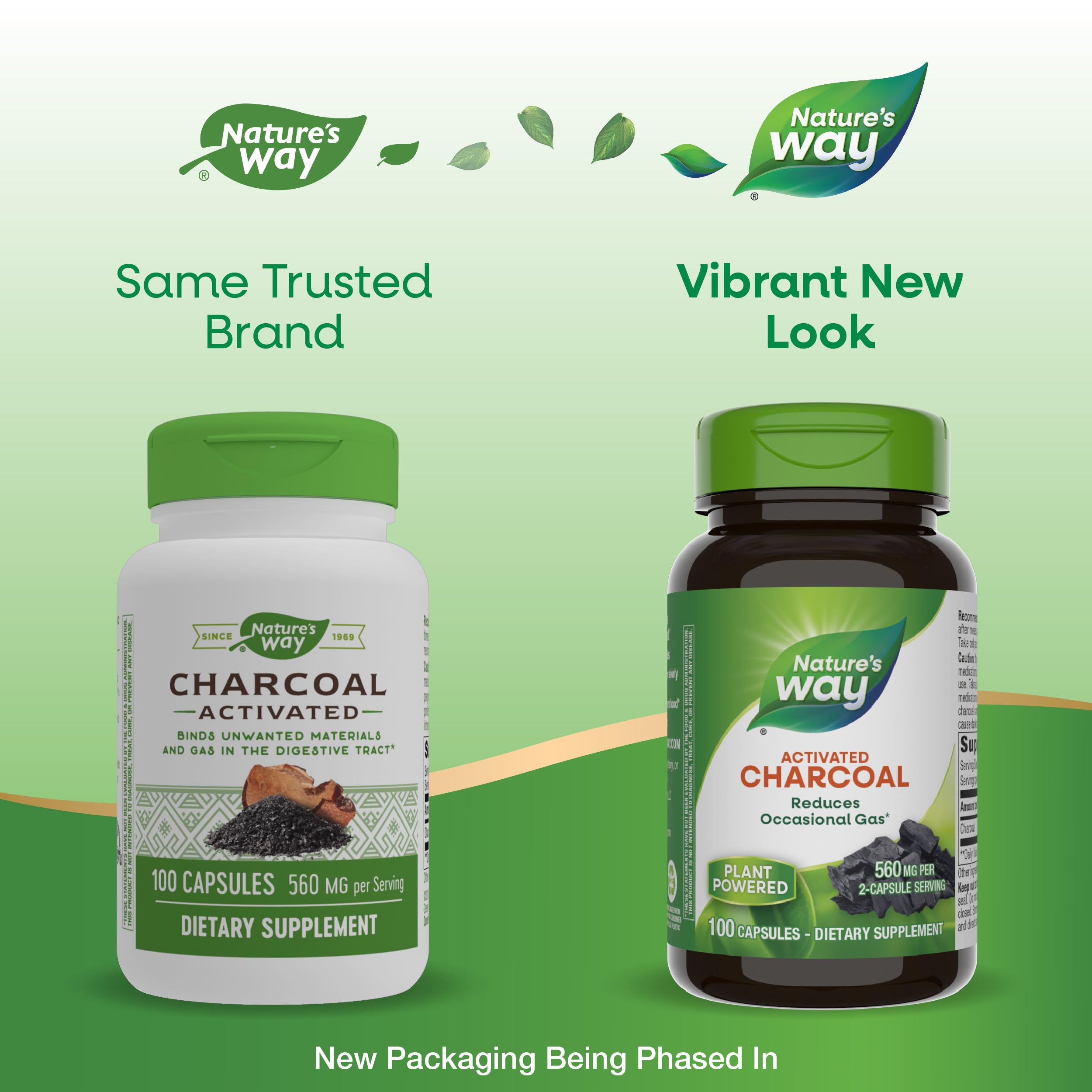 Nature's Way Activated Charcoal, Binds Unwanted Materials and Gas in the Digestive Tract*, 560 mg per 2-Capsule Serving, 100 Capsules (Packaging May Vary)