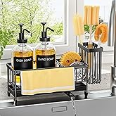 Kitchen Soap Dispenser Set with Sponge Holder and Towel Rack, 17OZ Glass Bottle, Hand and Dish Soap Dispenser Set, Non-Slip Silicone Pad, Brush Holder, Kitchen Sink Caddy Organizer Countertop
