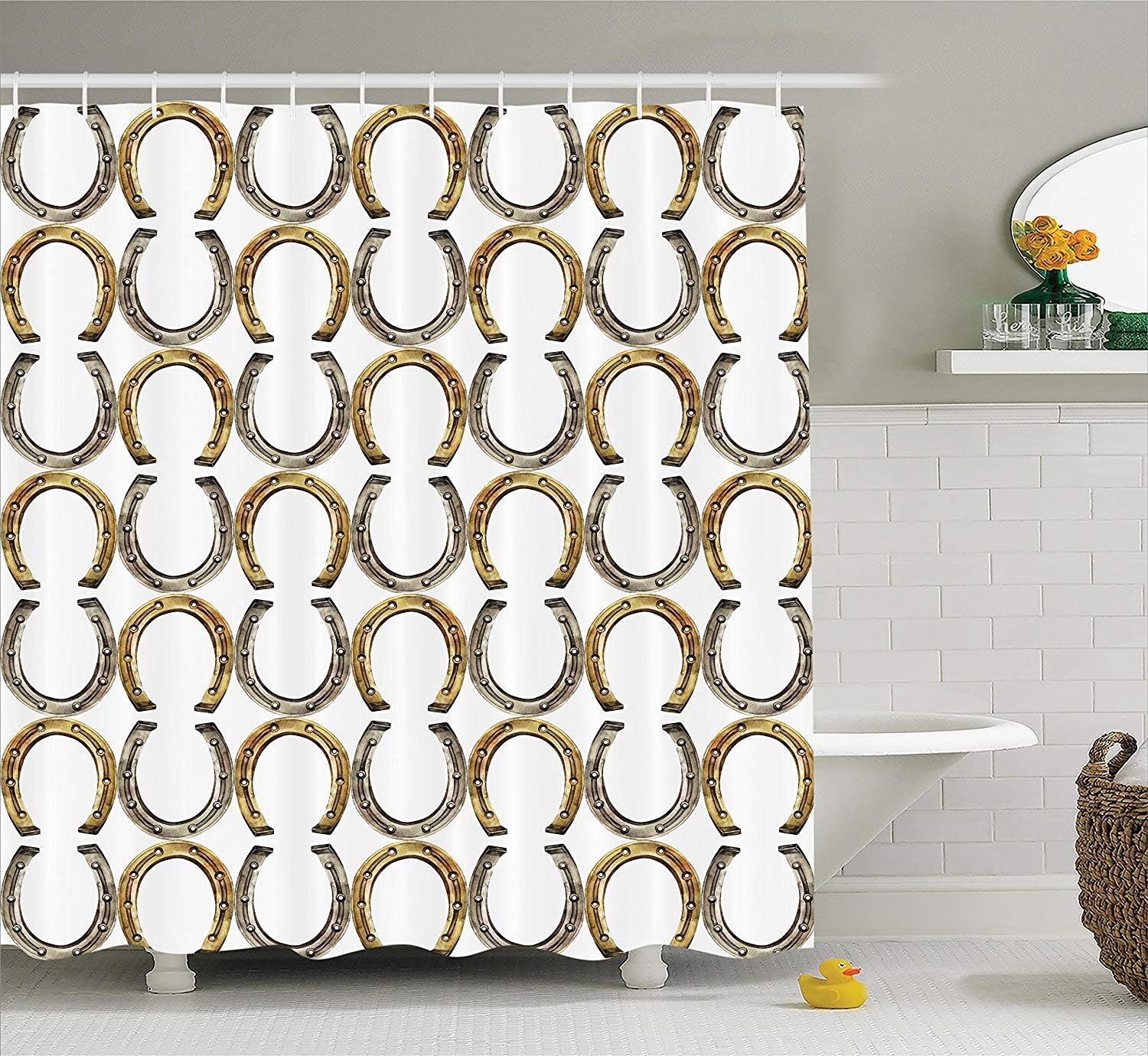 Amazon Com Horseshoe Shower Curtain By Ambesonne Symbol For Good Luck Riding Equipment Blacksmith Arch Pattern Symbolic Print Fabric Bathroom Decor Set With Hooks 75 Inches Long Silver Gold Home Kitchen
