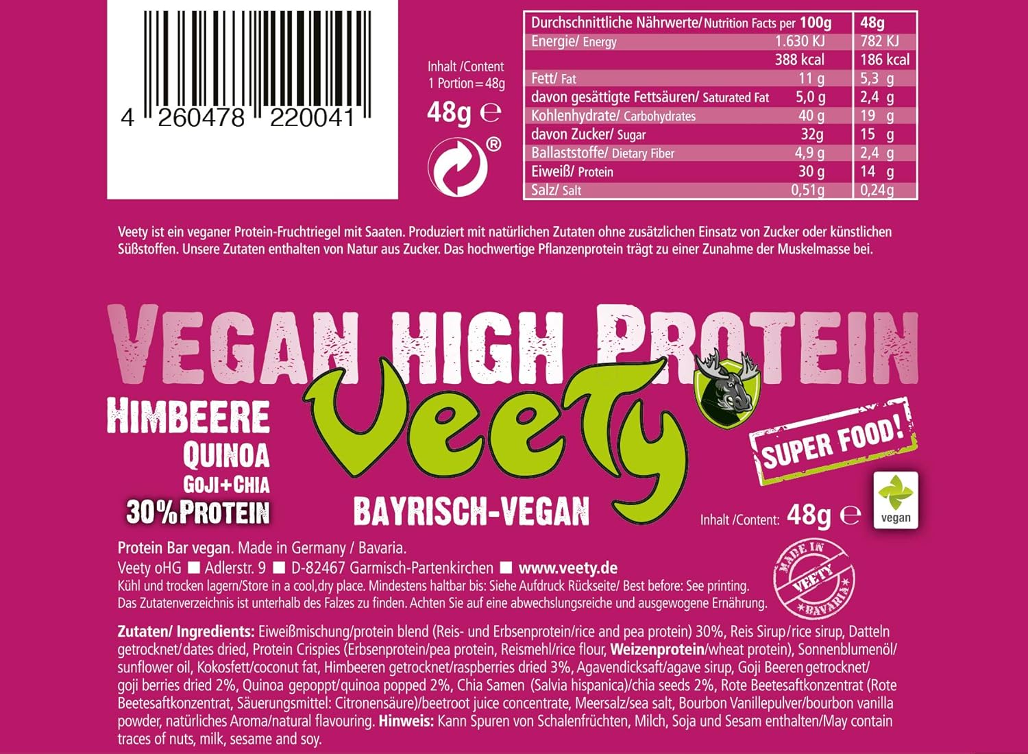 veety - Vegan High proteína Bar 30% - Frambuesa veganas ...
