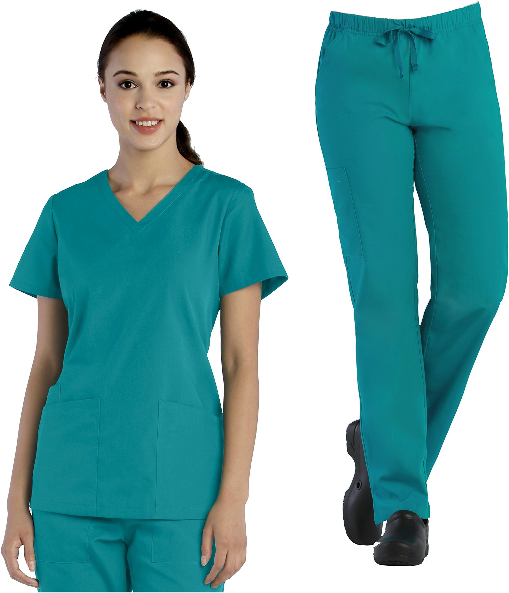 Tru Basic Womens V-Neck Top 10102 & Full Elastic Multi Pocket Cargo Pant 90103 Scrub Set (Teal, XXX-Large)
