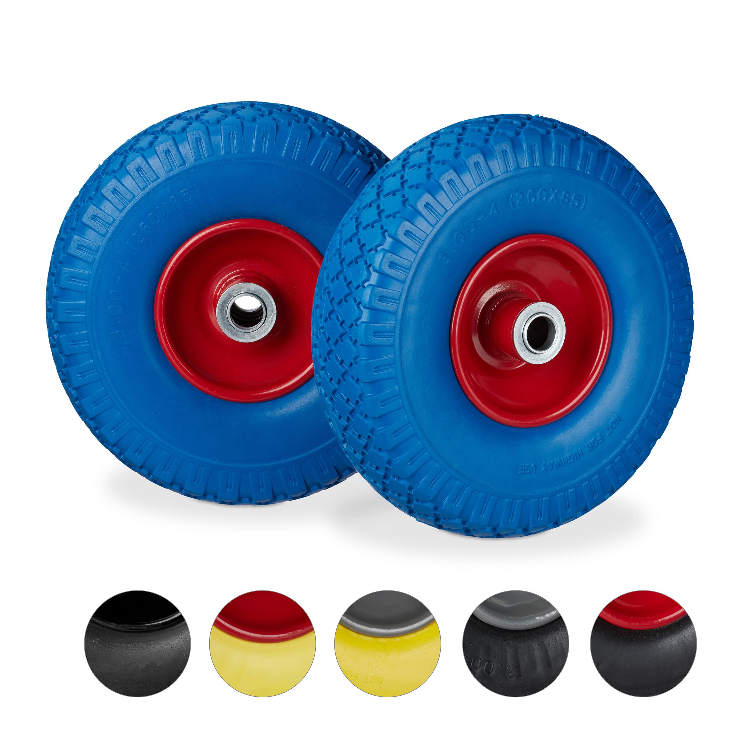 Relaxdays 2 x Hand Truck Tyre, Non-Flat Solid Rubber Wheels, 3.00-4”, 20mm Axle, 100 kg, 260 x 85 mm, Blue-Red