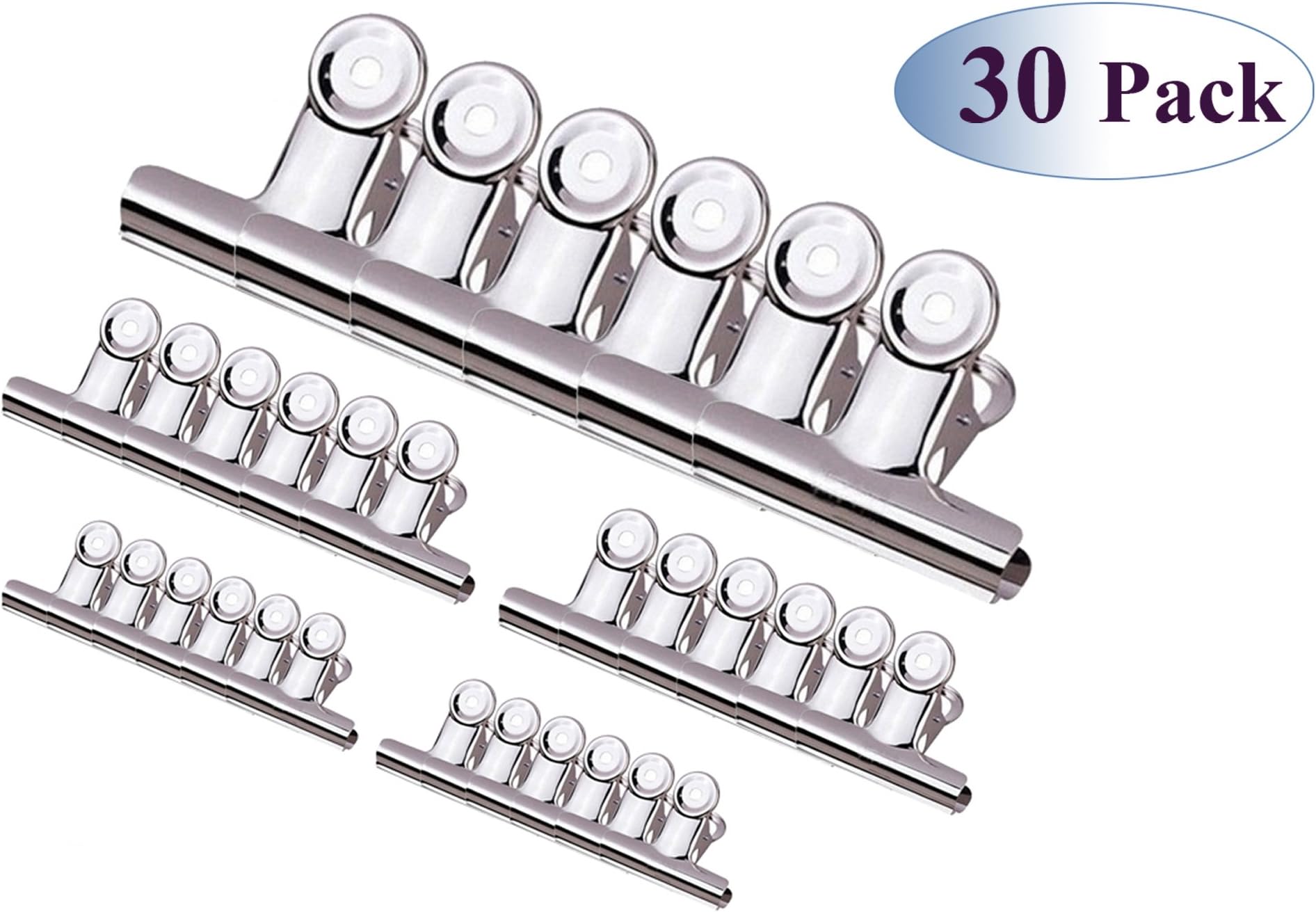 Glossy Stainless Steel Bulldog Clip for Office, Kitchen, and Home Daily Using, 30 pack (63mm Extra Large 6pcs, 31mm Middle Size 12pcs, 22mm Small Size 12pcs)