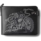 skneephate Motorcycle Mens Bifold Wallets Ghost Biker Black Wallet For Men,Add Your Chain,Soft Genuine Leather
