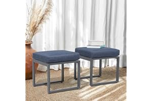 Soleil Jardin Outdoor Ottomans for Patio Set of 2, Assembled Aluminum Outdoor Footstool with Denim Blue Cushions, Small Seat Furniture for Garden Yard Deck Poolside, Dark Grey Frame