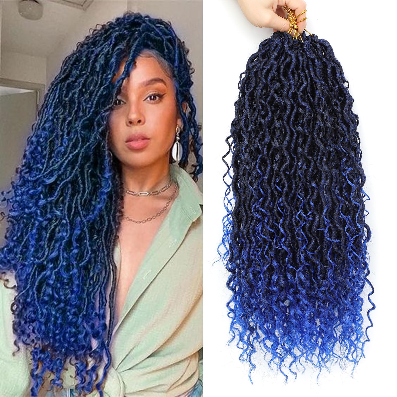 Faux Locs 8 Packs Crochet Hair Pre-Looped Soft Locs Crochet Hair Extensions for Black Women 24Inch Faux Locs Crochet Braids Boho Goddess Synthetic Fiber Hair Extensions（1B/Blue#).