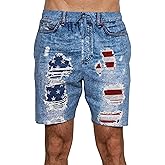 Men's Vintage American Flag Patriotic Pajama Lounge Faux Denim Shorts (Large, Blue)