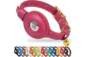 OOPSDOGGY Leather AirTag Cat Collar with Bell - Non Breakaway Kitten Collar with Apple Air Tag Holder - Lightweight GPS Pet Collars for Girl Boy Cats, Small Dogs, Puppies (Pink)