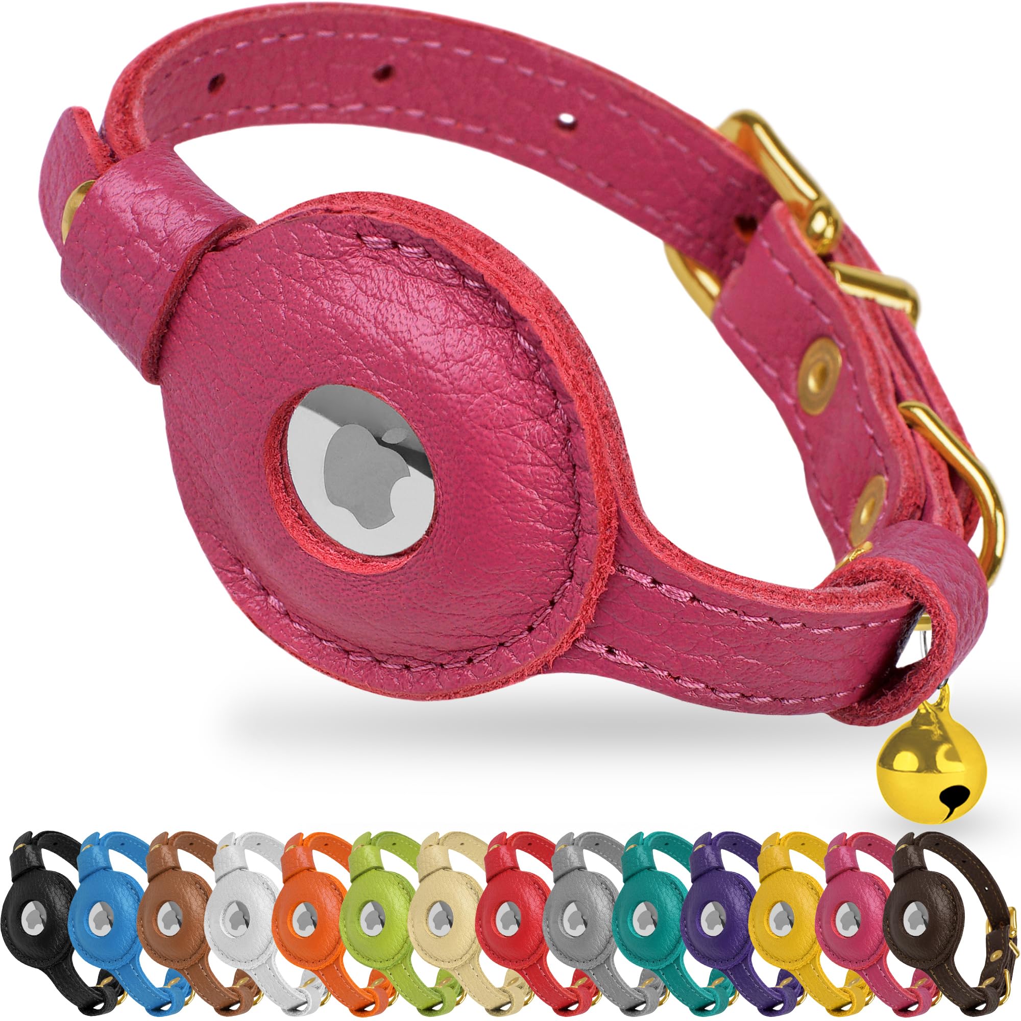OOPSDOGGY Cat Collar with Bell for AirTag - Non Breakaway Leather Kitten Collar with Apple Air Tag Holder - Lightweight Integrated GPS Pet Collars for Girl Boy Cats, Small Dogs, Puppies (Pink)