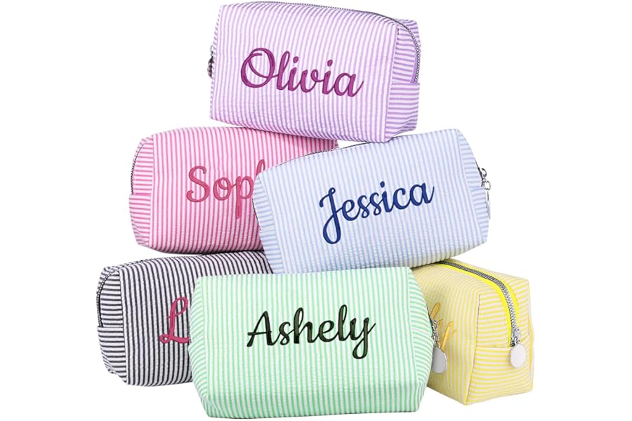 Ajiangwu Personalized Seersucker Makeup Bag with Embroidered Name&Birth Flower,Custom Small Travel Cosmetic Bag Toiletry Bag Wedding Gifts for Bridesmaid Bride (Makeup Bag with Name)