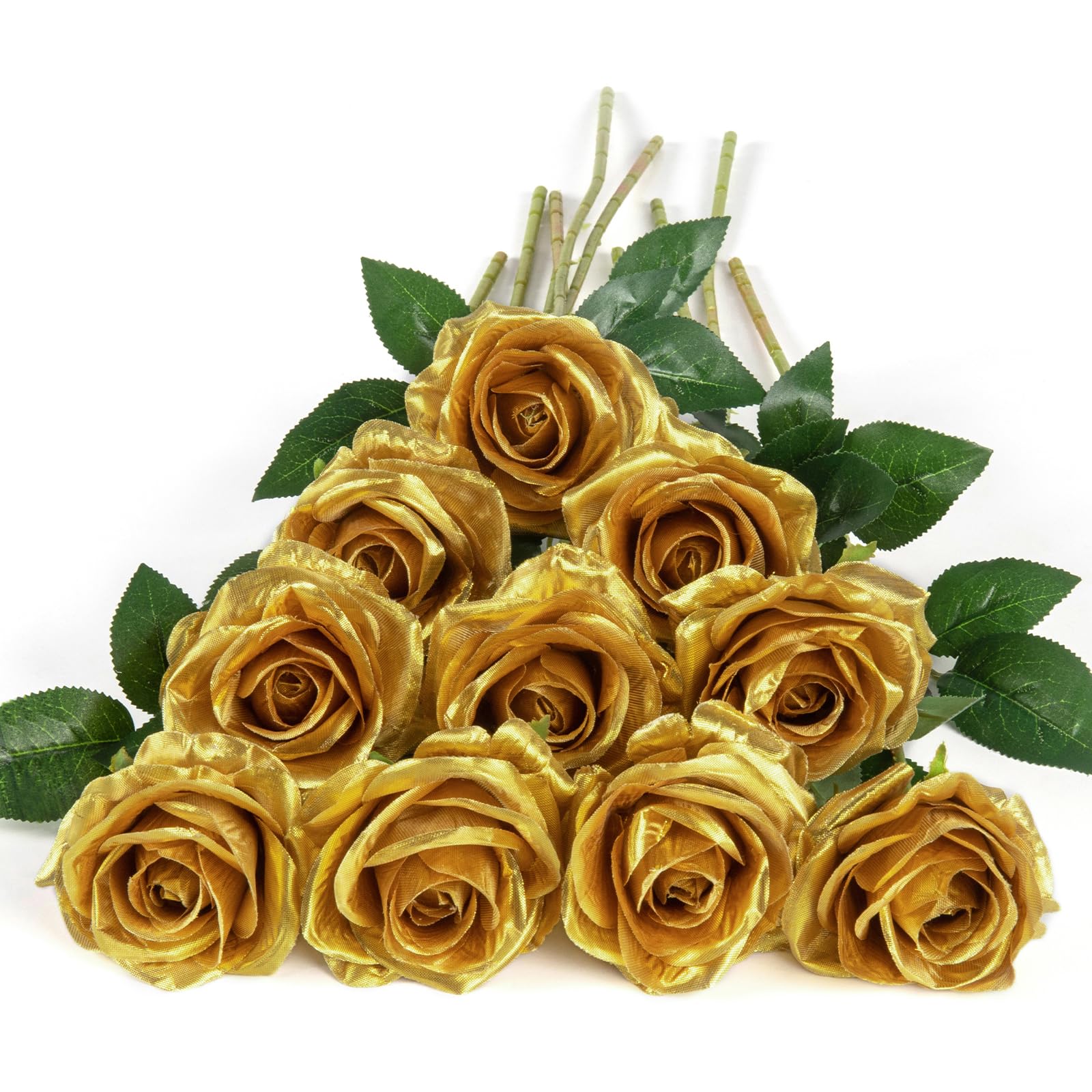 DuHouse 10Pcs Artificial Roses Fake Silk Flowers Realistic Bridal Bouquets with Single Long Plastic Stems for Arrangement Wedding Table Centerpiece Party Home Decor(Gold) — image 1