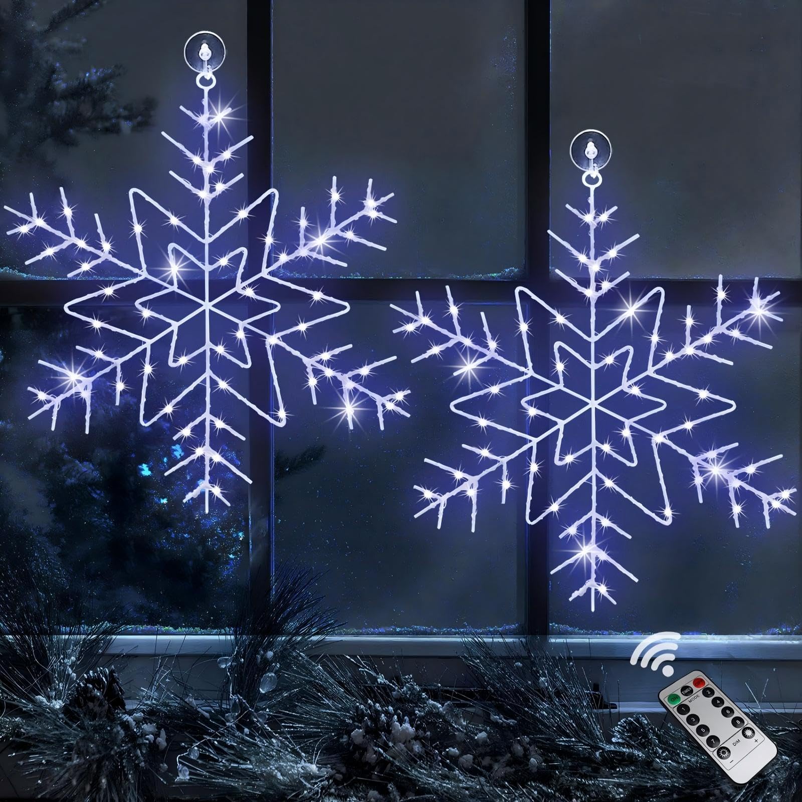Photo 1 of Zimati Christmas Window Lights Decorations, 2 Packs 14" Cool White Snowflake Lights with 8 Lighting Modes Remote Control Timer, USB Powered for Home Xmas Party Decor