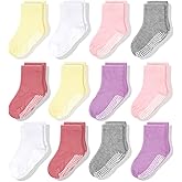 CozyWay Kids Socks With Grippers Non Slip Crew Grip Socks for Girls and Boys Soft Comfy Cotton Unisex 5-7 Years Pink White Gray 12 Pack