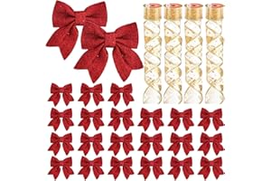 YONSYA 23pcs 5.5'' Mini Christmas Bow Decorations and 4 Rolls Sheer Glitter Ribbon, Sequin Wreaths Bows and Organza for Christmas Tree Ornaments Gift Wrapping (Red Bow and Golden Ribbon)