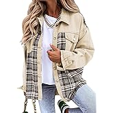 SHEWIN Womens Oversized Denim Jacket Casual Long Sleeve Button Down Plaid Shacket Boyfriend Jean Jacket With Pockets
