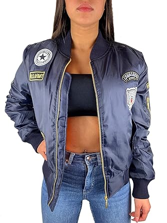 Worldclassca Damen Bomber Jacke MIT Army MILITÄR Patches ÜBERGANGSJACKE Bomberjacke Blouson Piloten Jacke Fliegerjacke Blogge