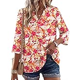 Rapbin Womens 3/4 Sleeve V Neck Floral Print Pleated Blouses for Women Dressy Casual Loose Fit Tops