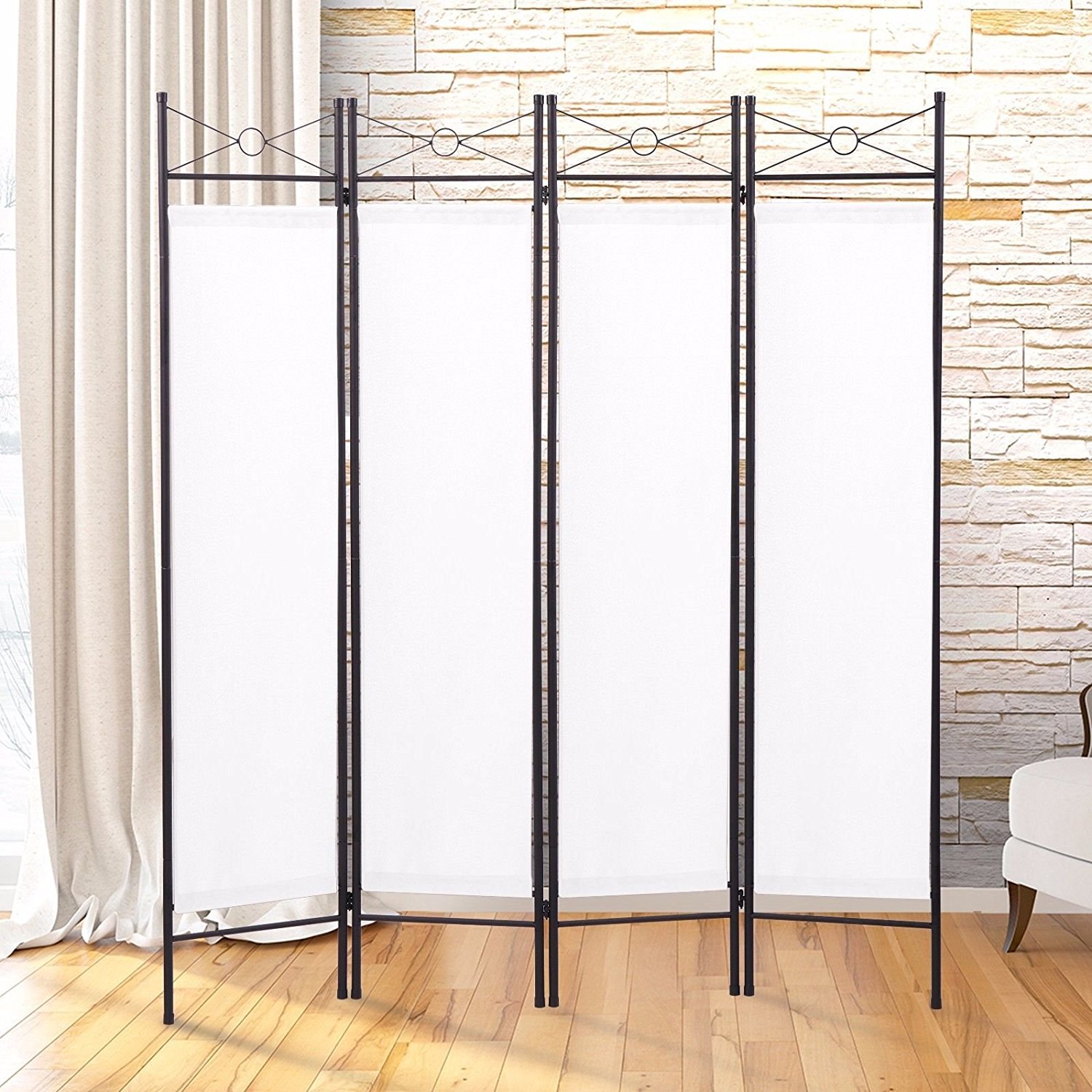 Sandinrayli 4-Panel Steel Room Divider Screen Fabric Folding Partition Home Office Privacy Screen, White: Industrial & Scientific