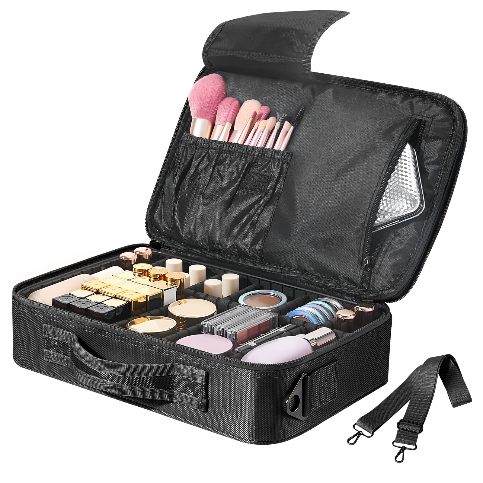 Luxspire Makeup Cosmetic Bag Storage Case, 2 Layer Large Professional Cosmetic Makeup Train Case, Portable Makeup Brush Toiletry Jewelry Holder Organizer Artist Bag with Adjustable Dividers, Black