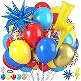 Red Blue Yellow Balloons, 12 Inch Light Blue Red Yellow Confetti Balloons with Star and Foil Balloon for Boy Birthday Party Graduation Baby Shower Decorations