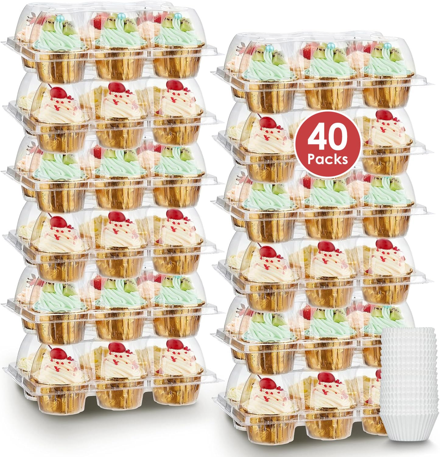 Photo 1 of (6 Count x 40 Sets) Stackable Cupcake Containers with 240 Pack Liners, Plastic Cupcakes Boxes Holders for 6 cakes, High Tall Dome Lid Cupcakes Carrier, Clear Cupcake Trays/Containers/Holders
