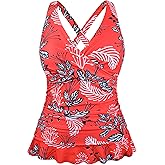 Hilor Women's Underwire Tankini Tops Tummy Control Swimsuits Crossover V Neck Swim Tops with Ruffle Hem