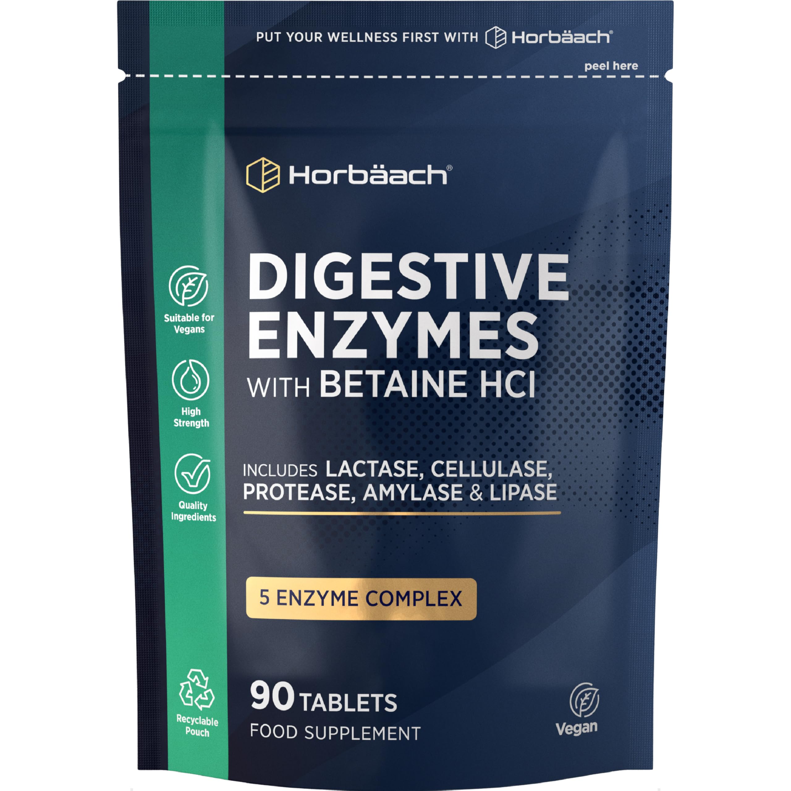 Digestive Enzyme Supplements | Complex with Betaine HCL, Amylase, Lactase, Protease, Lipase & Cellulase | 90 Vegan Tablets | by Horbaach