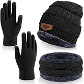 COAUXOG Winter Beanie Hat Scarf Gloves Set Thick Knitted Lined Skull Cap Neck Warmer Scarves Touchscreen Gloves for Men Women (Black)