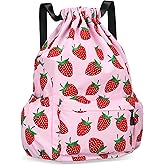 MoonWang Drawstring Backpack for Women Drawstring Gym Bag Water Resistant Small Cinch Sack Pull String Backpack Bag (Strawberry)
