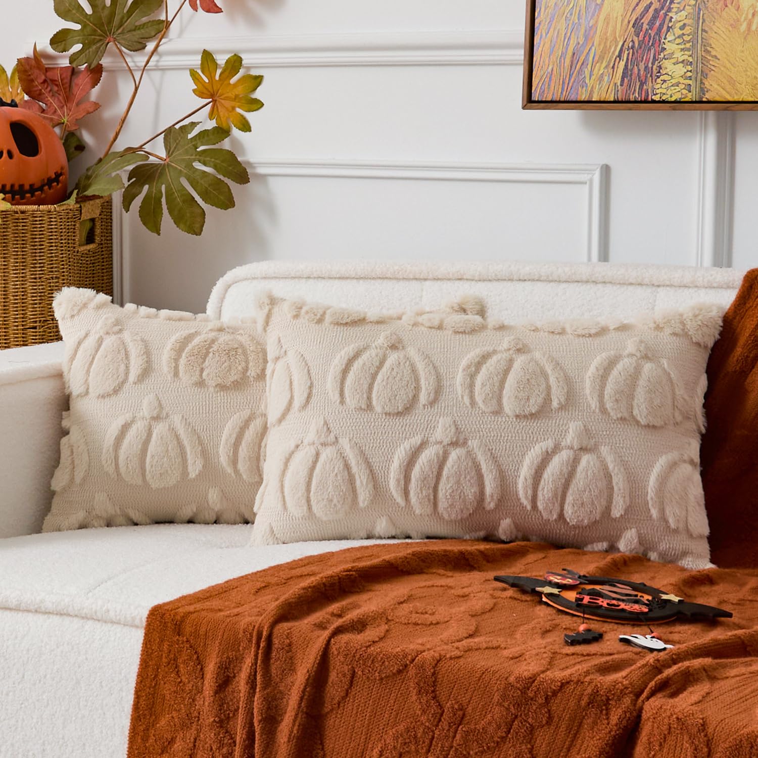 Photo 1 of UGASA Fall Pumpkins Pillow Covers 12x20 Inch 2 Packs Soft Plush Faux Wool Fur Rectangle Lumbar Cases Autumn Halloween Home Decor for Couch Sofa Chair Bed, Beige