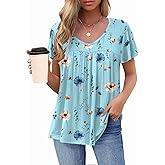 HOTOUCH Womens Short Sleeve Tunic Tops V Neck Loose Fit Ruffle Sleeve Shirts Summer Floral Dressy Casual Boho Blouses