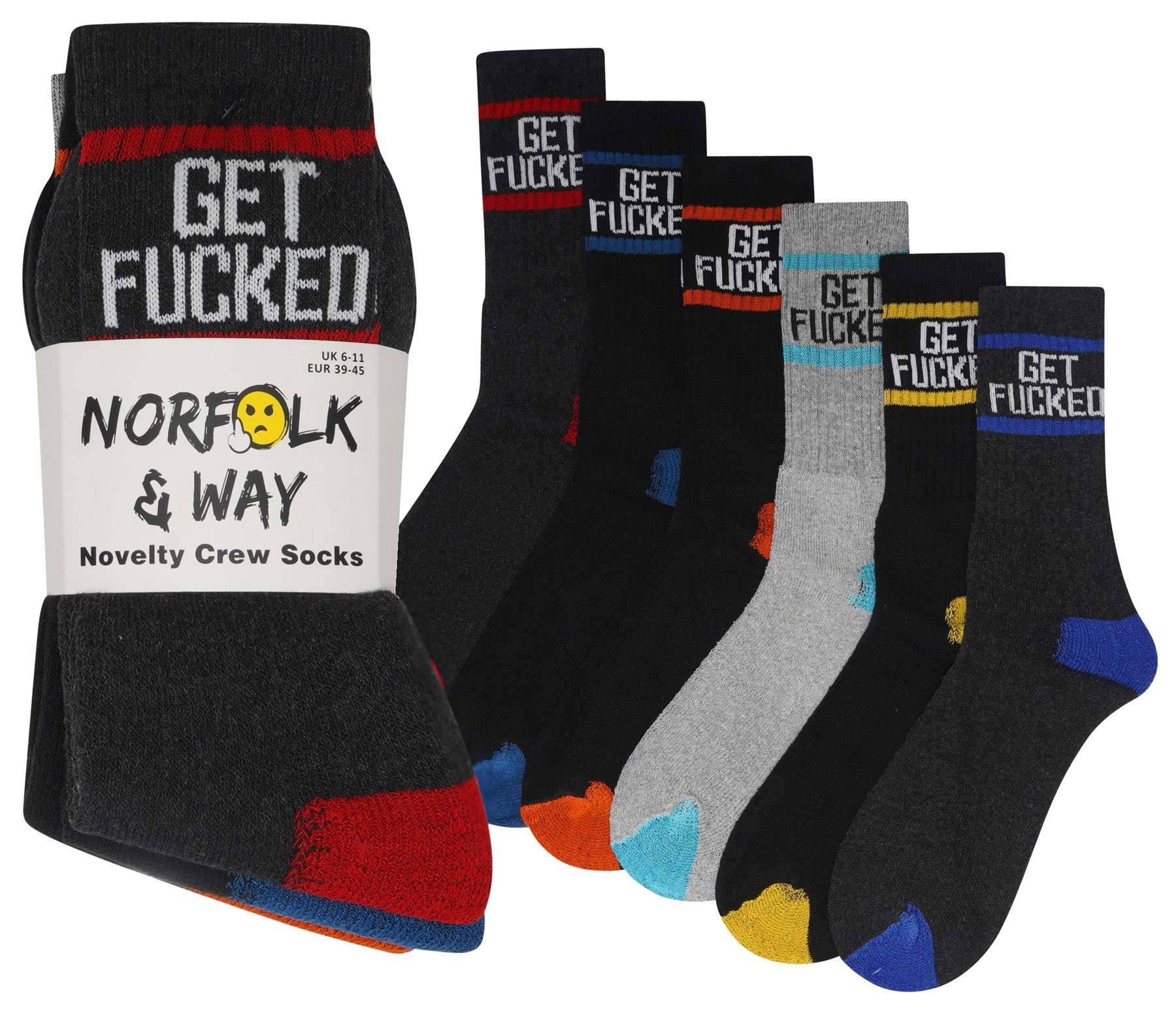 Mens 6 Pack Novelty Get Fucked Design Socks - Cotton Rich Crew Socks - Novelty Joke Gift Idea, Multi, 43627