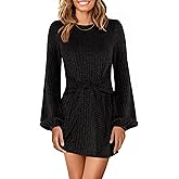 ANRABESS Womens 2026 Fall Dress Long Lantern Sleeve Ribbed Knit Casual Tie Waist Lightweight Mini Sweater Dress