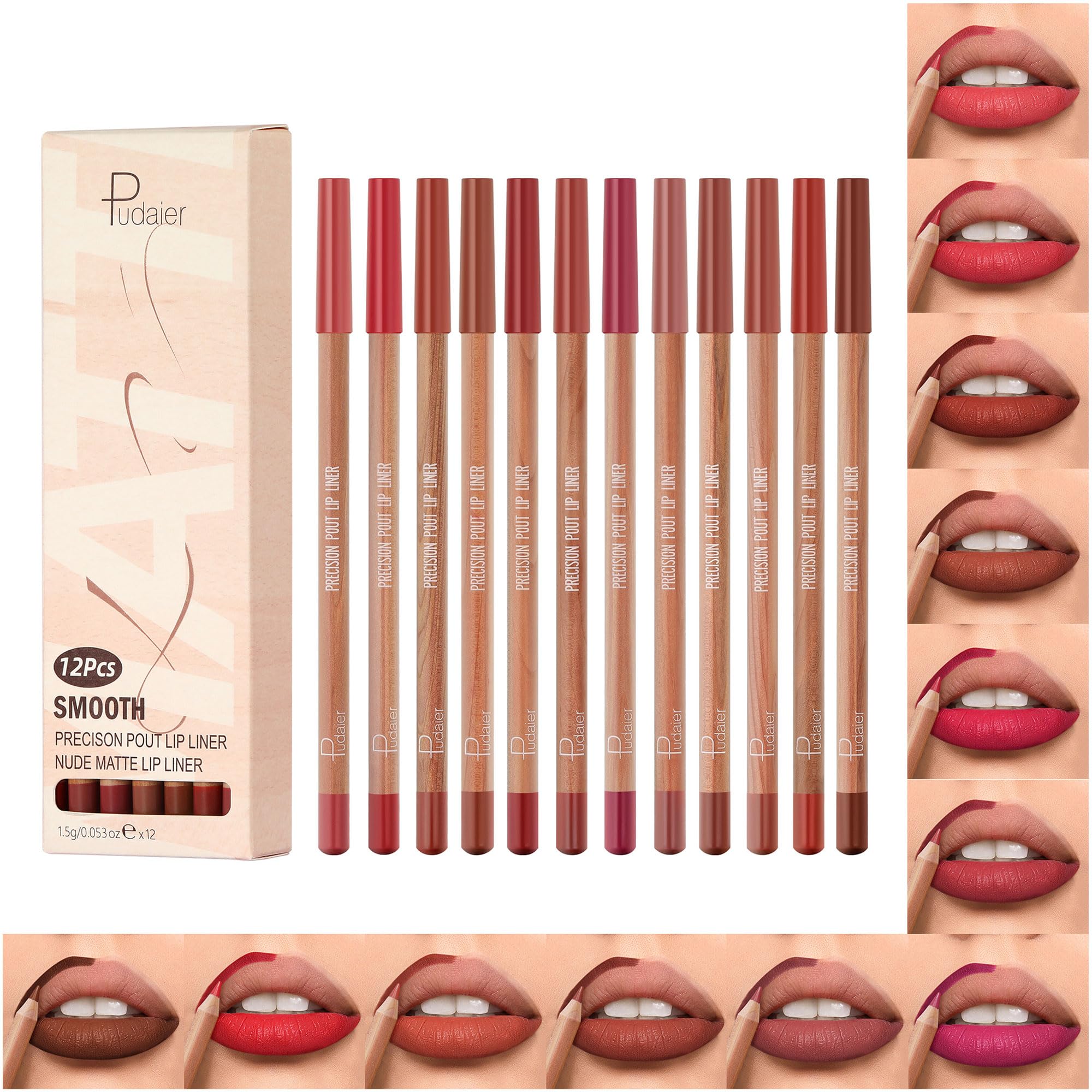 Espoce Lip Liner Set, 12Pcs Pure Natural Oak Brown Pink Red Series Lip Liners, Smooth and High Pigmented Lip Makeup Pencil