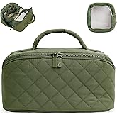 RunaFun Travel Makeup Bag for Women, Puffer Quilted Open Flat Makeup Organizer with Toiletry Bag, Portable Cosmetic Case for Travel & Daily Use, Green