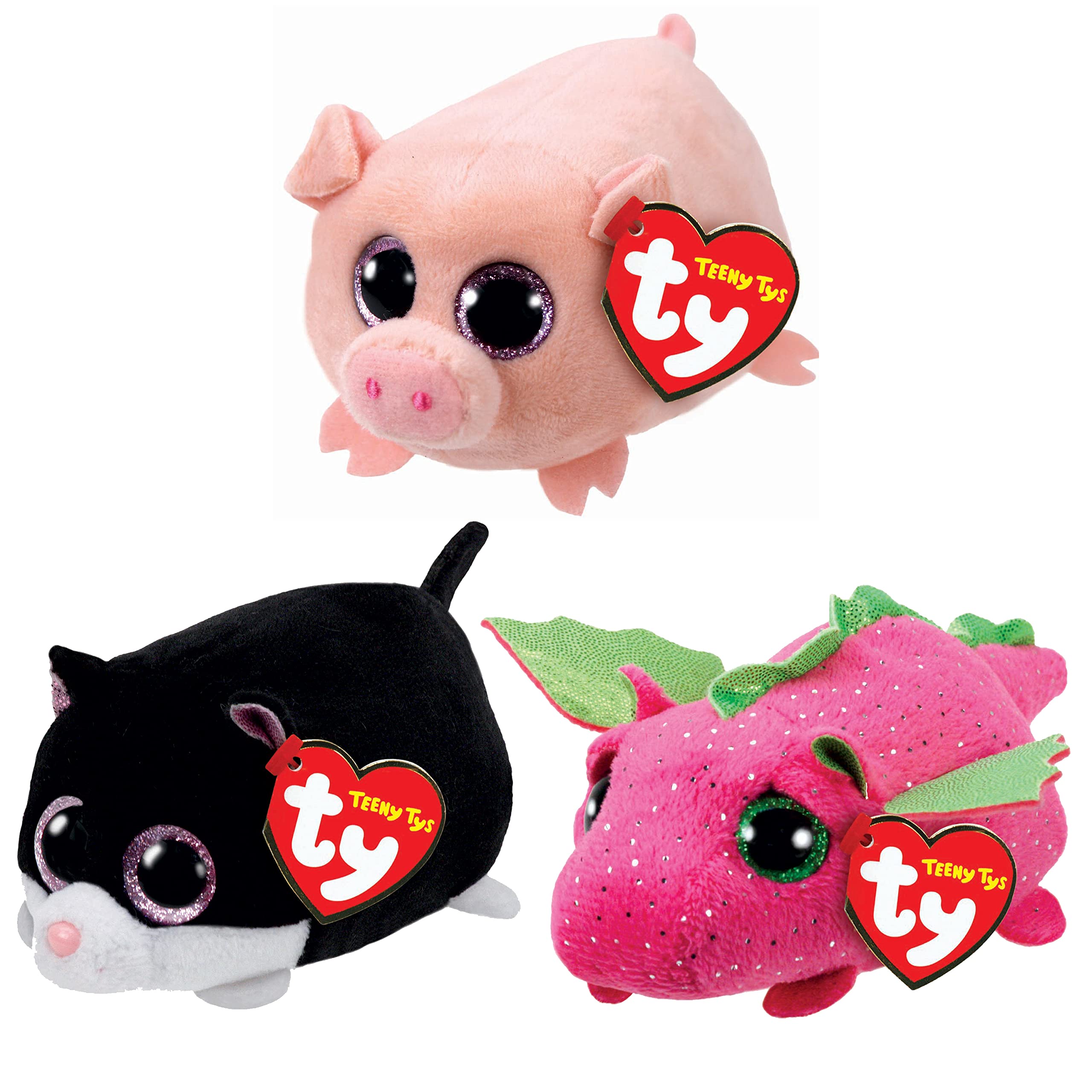 TY Toys Teeny Multipacks Curly Pig, Darby Dragon, Cara Cat Collectible Stuffed Toy Bundle, TEENYTYSG3