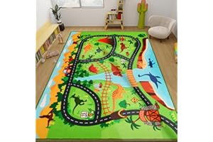 AKASISRUG Kids Carpet Playmat, 78.7"x59" Dinosaur Rug for Toy Cars, Non-Slip Dino Safari Road Map for Playroom Bedroom Boys, Play Mat Track for Kids