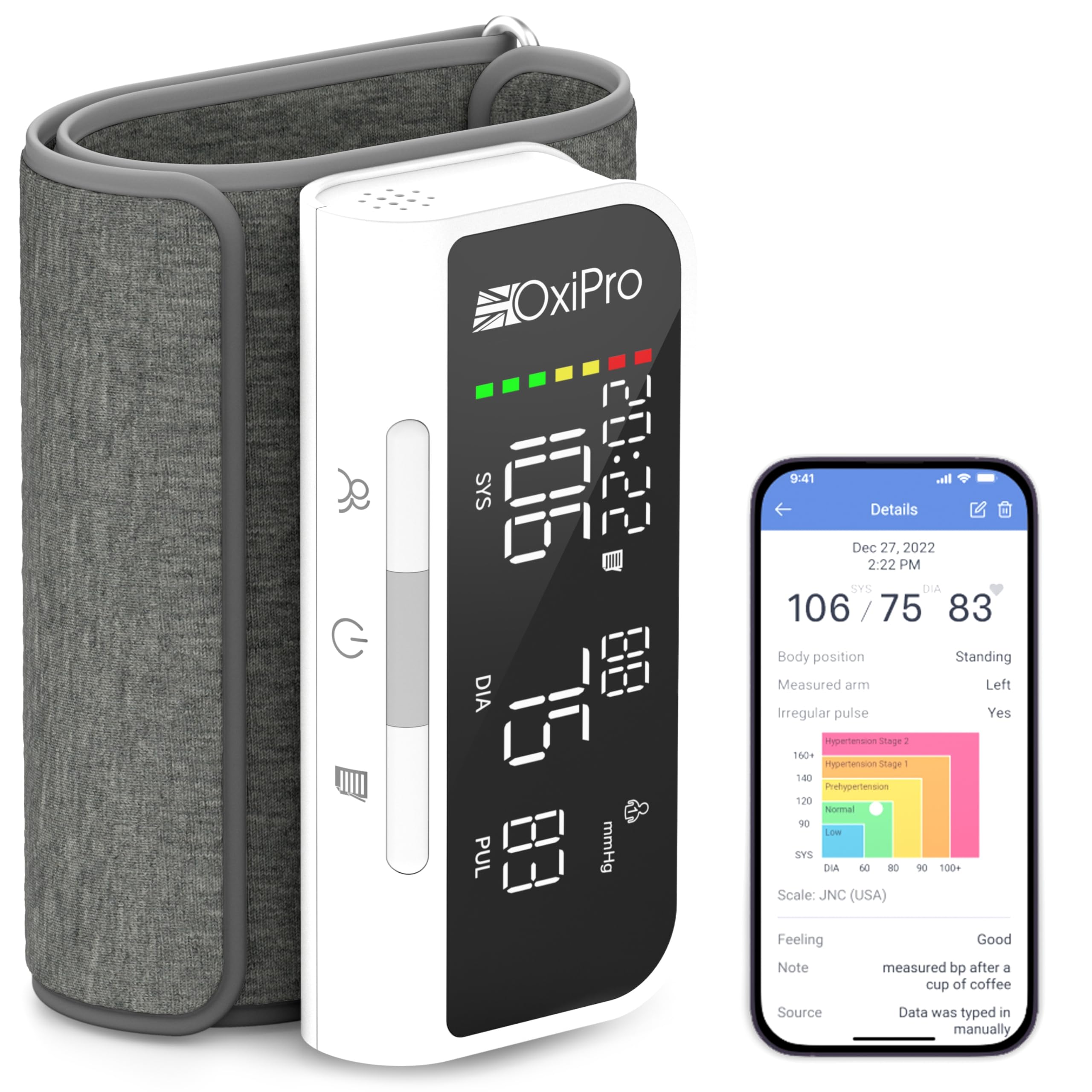 OxiPro BP2 Smart Blood Pressure Monitors with App - Health & Pharma Awards Winner 2025 - Arm Blood Pressure Machines - Universal Small to Large Arm Cuff - Bluetooth BP Monitor