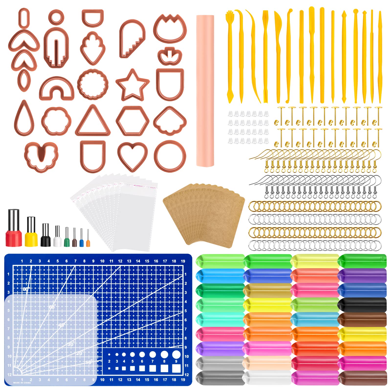 Jeesblsy Polymer Clay Earring Making Kit - 24pcs Earring Cutters, 36 Colors Clay, Tools, Rollers, Hooks for Jewelry Making