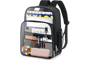 KETIEE Clear Backpack Heavy Duty, Stadium Approved TPU & Leather Transparent Backpacks for Adults with Trolley Sleeve, Large Waterproof Clear Book Bag for School Travel Work Sports Concerts (Black)