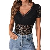 Rooscier Women's Floral Lace Sheer V Neck Short Sleeve Sexy Going Out Bodysuits Top Leotard
