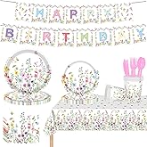118 Pcs Wildflower Party Supplies, Incluede Flower Tablecloth Happy Birthday Banner Disposable Plates Napkins Tableware Set for Spring Summer Birthday Decorations, Serve 16 Guests