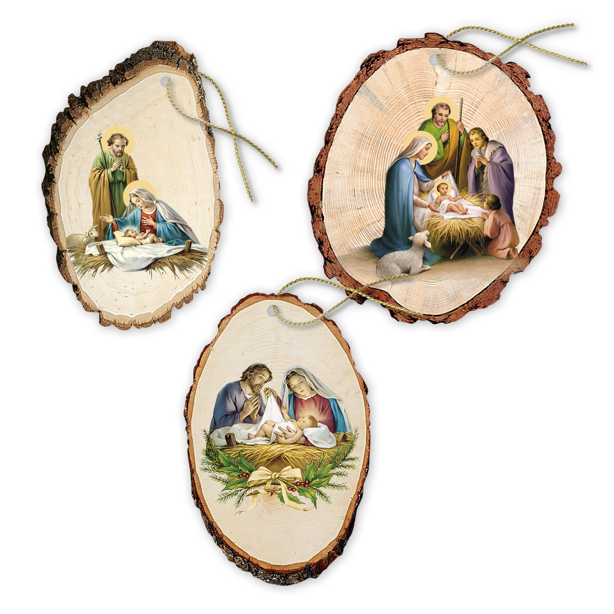 BONELLA BROTHERS Bonella Brothers | 3 Christmas Decorations on Poplar Wood, in the Shape of a Log with Baby Jesus, the Madonna and Saint Joseph | Made in Italy